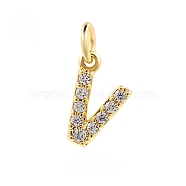 Brass Cubic Zirconia Pendants with Jump Rings, Real 18K Gold Plated, Letter V, 14.5x9x2.2mm, Hole: 2.8mm(FIND-PW0024-09V)