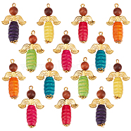 40Pcs Alloy Pendants, with Natural Wood Beads, Wing Alloy Beads, Dyed Natural Wood Beads, Angel, Golden, 30.5x18.5x7.5mm, Hole: 2mm(FIND-SC0002-26)