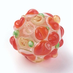 Handmade Lampwork Beads, Rondelle with Flower, Bumpy, Orange Red, 14~15x12~13mm, Hole: 1.5~1.8mm(X-LAMP-P051-H09)