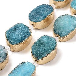 Golden Plated Dyed Oval Natural Drusy Quartz Crystal Beads Strands, Dark Turquoise, 30x22x5~12mm, Hole: 2mm, about 6pcs/strand, 7 inch(G-F144-07)