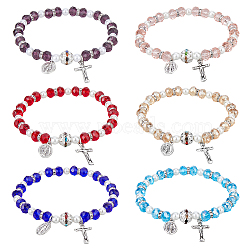 6Pcs 6 Colors Glass & Acrylic Imitation Pearl Beaded Stretch Bracelets Set, Cross & Oval Alloy Charms Bracelets, Mixed Color, Inner Diameter: 2-1/2 inch(6.4cm), 1Pc/color(BJEW-FI0001-37)