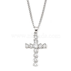 Brass Micro Pave Clear Zirconia Cross Pendant Necklaces, 201 Stainless Steel Chains Necklaces, Stainless Steel Color, 23.58 inch(59.9cm), Crass: 28x18.5mm(NJEW-M211-05A-P)