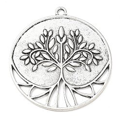 Tibetan Style Alloy Big Pendants, Flat Round with Tree of Life Charms, Antique Silver, 53x48x2mm, Hole: 3mm(AL-CBACA42-04AS)
