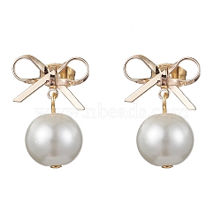 Brass Bowknot Dangle Stud Earrings, with Shell Pearl for Women, Golden, 20x14mm(EJEW-TA00347-1)