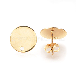 304 Stainless Steel Stud Earring Findings, with Loop and Ear Nuts/Earring Backs, Flat Round, Real 18K Gold Plated, 12mm, Hole: 1mm, Pin: 0.8mm,(X-STAS-Q223-08A)