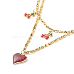 Dainty Heart & Cherry Alloy Enamel Pendant Necklaces Set for Teen Girl Women, Golden, Red, 17.91~19.69 inch(45.5~50cm), 2pcs/set(NJEW-JN03757)