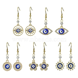 Alloy Enamel Evil Eye Dangle Earrings with Crystal Rhinestone, with Ion Plating(IP) 304 Stainless Steel Earring Pins, Mixed Shapes, 40~49x18~22mm(EJEW-JE05387)