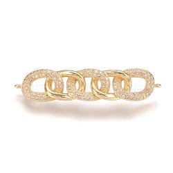 Brass Micro Pave Cubic Zirconia Links, Real 18K Gold Plated, Chain Shaped, 9x42x5mm, Hole: 1mm(ZIRC-E124-25G)