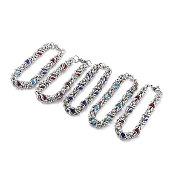 304 Stainless Steel Byzantine Chain Bracelet for Girl Women, Round Glass Beads Bracelets, Mixed Color, 8-1/4~8-5/8 inch(21~22cm)
