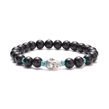 Natural Wood & Synthetic Turquoise(Dyed) Beaded Stretch Bracelet with Alloy 3D Buddha, Yoga Jewelry for Women, Black, Inner Diameter: 2-1/8 inch(5.5cm)