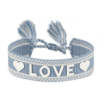 Silicone Word Love Pattern Braided Cord Bracelet with Polyester Tassels, Flat Adjustable Bracelet for Women, Steel Blue, Inner Diameter: 5-7/8~9-1/2 inch(15~24cm)