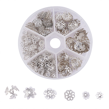 540Pcs 6 Style Iron Bead Caps, Multi-Petal, Silver, 6~10mm, Hole: 1.5mm