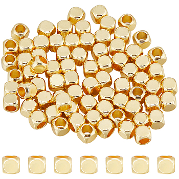 Brass Beads, Cube, Real 18K Gold Plated, 4x4x2.6mm, Hole: 1.4mm, 100pcs/box