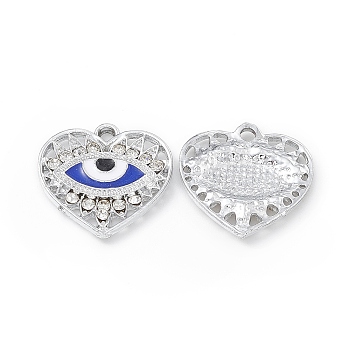 Alloy Crystal Rhinestone Pendants, with Enamel Evil Eye, Heart Charms, Platinum, 20.5x20x2.5mm, Hole: 2mm