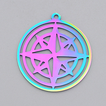Ion Plating(IP) 201 Stainless Steel Pendants, Laser Cut, Ring with Star, Rainbow Color, 33x30x1mm, Hole: 1.8mm