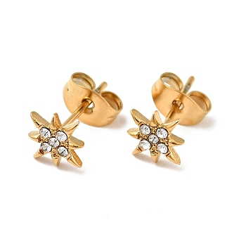 Rhinestone Flower Stud Earrings with 316 Surgical Stainless Steel Pins, Gold Plated 304 Stainless Steel Jewelry for Women, Crystal, 8x8mm, Pin: 0.8mm