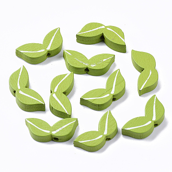 Spray Painted Natural Wood Beads, Printed, Leaf, Lime Green, 9x21x4.5mm, Hole: 1.8mm