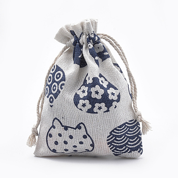 Kitten Polycotton(Polyester Cotton) Packing Pouches Drawstring Bags, with Printed Cartoon Cat, Old Lace, 14x10cm