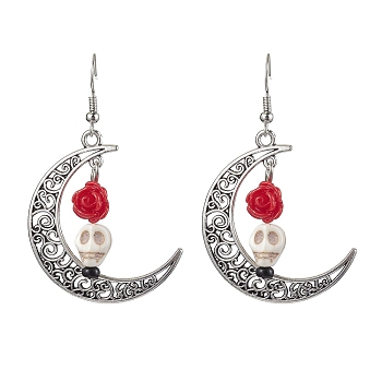 Halloween Alloy Synthetic Turquoise Dangle Earrings,  Brass Resin Earring for Women, Moon with Skull, Red, 58x35mm