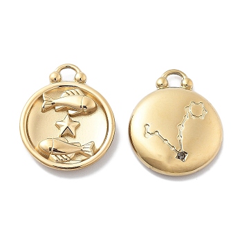 PVD Vacuum Plating 304 Stainless Steel Rhinestone Pendants, Flat Round with Constellations Charm, Real 18K Gold Plated, Pisces, 20.5x16.5x3.5mm, Hole: 2.5mm