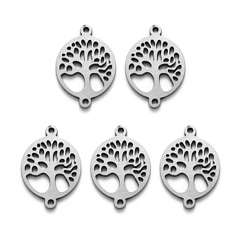 201 Stainless Steel Links Connector, Laser Cut, Flat Round with Tree of Life, Stainless Steel Color, 19.5x13.5x1mm, Hole: 1mm