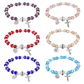 6Pcs 6 Colors Glass & Acrylic Imitation Pearl Beaded Stretch Bracelets Set, Cross & Oval Alloy Charms Bracelets, Mixed Color, Inner Diameter: 2-1/2 inch(6.4cm), 1Pc/color