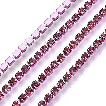 Electrophoresis Iron Rhinestone Strass Chains, Rhinestone Cup Chains, with Spool, Rose, SS6.5, 2~2.1mm, about 10yards/roll