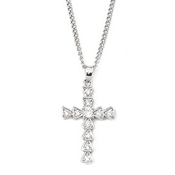 Brass Micro Pave Clear Zirconia Cross Pendant Necklaces, 201 Stainless Steel Chains Necklaces, Stainless Steel Color, 23.58 inch(59.9cm), Crass: 28x18.5mm