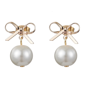 Brass Bowknot Dangle Stud Earrings, with Shell Pearl for Women, Golden, 20x14mm
