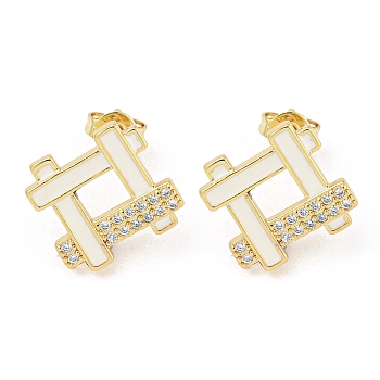 Hollow Rhombus Real 18K Gold Plated Brass Stud Earrings, with Enamel and Cubic Zirconia, White, 16x15.5mm