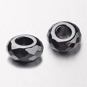 Non-magnetic Synthetic Hematite European Beads, Faceted, Large Hole Rondelle Beads, Original Color, 14x6mm, Hole: 6mm