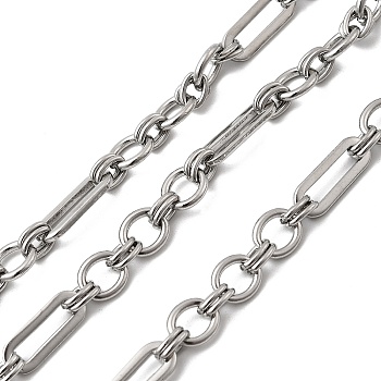 304 Stainless Steel Rectangle with Ring Link Chains, Unwelded, Stainless Steel Color, 14.5x5.5x1.3mm