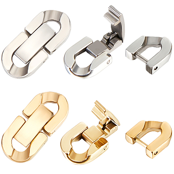 6Pcs 2 Colors 304 Stainless Steel Fold Over Clasps, Oval, Golden & Stainless Steel Color, 19x9x3mm, Hole: 2x3.5mm, 3pcs/color