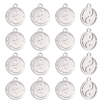Unicraftale 16Pcs 201 Stainless Steel Charms, Laser Cut, Manual Polishing, Flat Round with Yin Yang, Stainless Steel Color, 14x12x1mm, Hole: 1.6mm