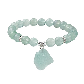 Natural Green Fluorite Round Beaded Stretch Bracelets, with Rough Raw Nugget Charms, Inner Diameter: 2-1/2 inch(6.2cm)