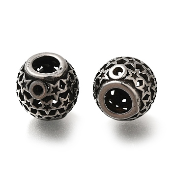 304 Stainless Steel European Beads, Large Hole Beads, Round with Star, Antique Silver, 9.5x9mm, Hole: 4mm