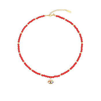 Natural Carnelian Beaded Necklaces, with Golden Plated Metal Eye Charms, 15.75 inch(40cm), Charm: 13.7x13.8mm