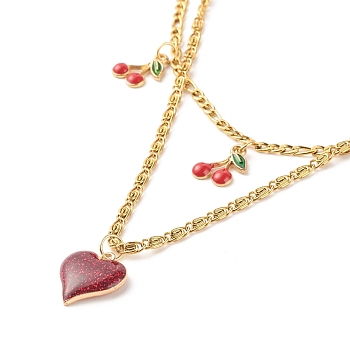 Dainty Heart & Cherry Alloy Enamel Pendant Necklaces Set for Teen Girl Women, Golden, Red, 17.91~19.69 inch(45.5~50cm), 2pcs/set
