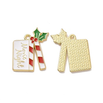 Christmas Theme Rack Plating Alloy Enamel Pendants, Light Gold Tone Clapperboard with Holly and Word Movie Night Charms, White, 18.5x23x1.5mm, Hole: 1.6mm