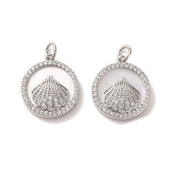 Brass Micro Pave Cubic Zirconia Pendants, with Shell, Flat Round with Shell, Real Platinum Plated, 18x16x3.5mm, Hole: 3mm