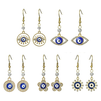 Alloy Enamel Evil Eye Dangle Earrings with Crystal Rhinestone, with Ion Plating(IP) 304 Stainless Steel Earring Pins, Mixed Shapes, 40~49x18~22mm