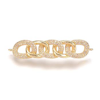 Brass Micro Pave Cubic Zirconia Links, Real 18K Gold Plated, Chain Shaped, 9x42x5mm, Hole: 1mm