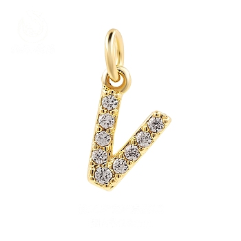 Brass Cubic Zirconia Pendants with Jump Rings, Real 18K Gold Plated, Letter V, 14.5x9x2.2mm, Hole: 2.8mm