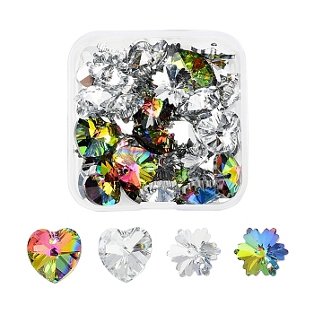 40Pcs 4 style Electroplated Glass Pendants, Silver Plated Bottom, Faceted, Heart & Snowflake, Mixed Color, 14x12~14x8mm, Hole: 1~1.5mm, 10pcs/style
