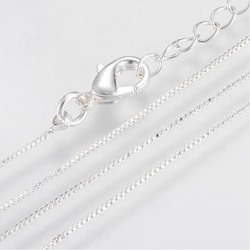 Brass Box Chains Necklaces, with Lobster Clasps, Silver Color Plated, 15.7 inch(40cm)x0.6mm