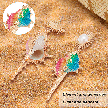 3 Pairs 3 Colors Golden Alloy Sun with Shell Shape Dangle Stud Earrings(EJEW-AN0004-40)-3