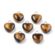 Natural Tiger Eye Charms, with Platinum Brass Peg Bail, Heart, 13.5~14.5x10.5x5mm, Hole: 1.8mm(G-T132-005A)