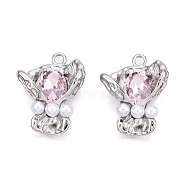 Rack Plating Alloy Rhinestone Pendants, with ABS Pearl Beads, Flower, Light Rose, 25x19.5x9.5mm, Hole: 2mm(PALLOY-P303-09P-B)