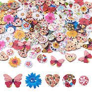 2-Hole Printed Wooden Buttons, for Sewing Crafting, Dyed, Flower & Heart & Butterfly & Flat Round, Mixed Color, 15~25x2~4mm, Hole: 1.4~2mm, about 300pcs/set(BUTT-TA0001-03)