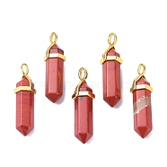 Natural Red Jasper Pointed Pendants, with Random Brass Pendant Hexagon Bead Cap Bails, Golden, Bullet, 38.5~40x12~12.5x10~11mm, Hole: 3x4.5mm(G-G025-01G-12)